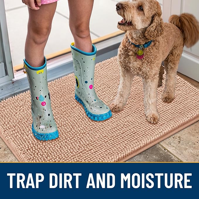 Smiry Dog Door Mat for Muddy Paws 30x20, Absorbs Moisture and Dirt Doormat, Non-Slip Washable Quick Dry Chenille Front Door Mat Indoor Entrance, Entryway Carpet for Inside Floor, Peach