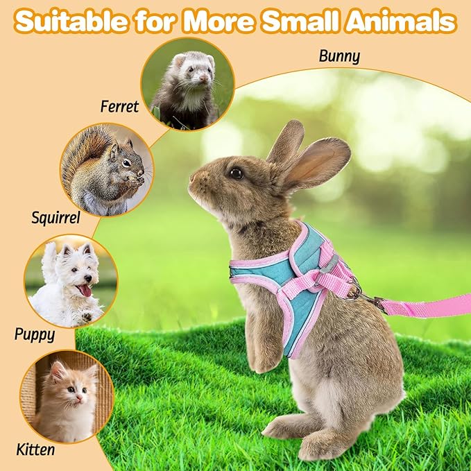 PINVNBY 2 Pack Bunny Hsrness and Leash Set Adjustable Rabbit Harness with Reflective Strips Double Buckle Pet Vest Eescape Proof for Small Rabbit Kitten Puppy Walks Accessories (Pink Green, S)