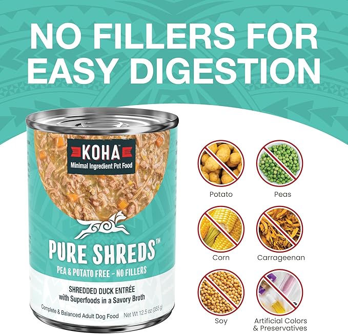 KOHA Pure Shreds Duck Entrée for Dogs, 12.5oz Cans (Pack of 12)