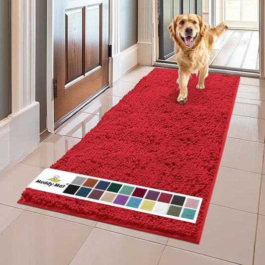 Muddy Mat® Shown on TV – Super Absorbent Microfiber Dog Door Mat for Muddy Paws, Non-Slip Washable Pet Rug, Quick Dry Chenille Entryway Carpet, Machine Washable Indoor Outdoor mat, Red 59"x24"