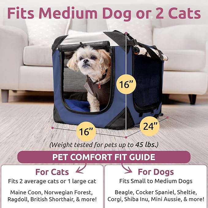 Soft-Sided Cat & Dog Pet Carrier, Large 24"x16"x16", Fits Large Cat, 2 Cats, or Medium Dog Comfortably, Great for Travel & Vet Visits, Privacy Windows, Removable Bed, Locking Zippers, Folds Flat