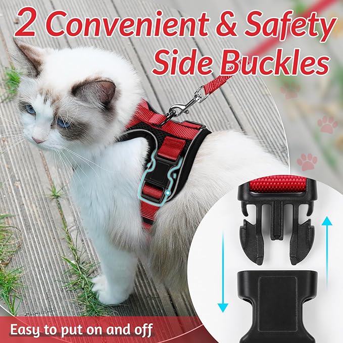 rabbitgoo Cat Harness and Leash for Walking, Escape Proof Soft Adjustable Vest Harnesses for Cats, Easy Control Breathable Reflective Strips Jacket, Black & Red, M