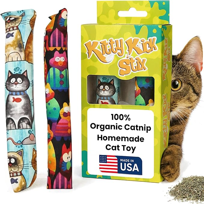 Catnip Kicker Toy Set of 2 (11") - Handmade in USA Durable Kicker Cat Toy - Catnip Kicker for Cats - Interactive Kicker Toys for Cats - Cat Kick Stick - Catnip Toys for Bored Indoor Pet