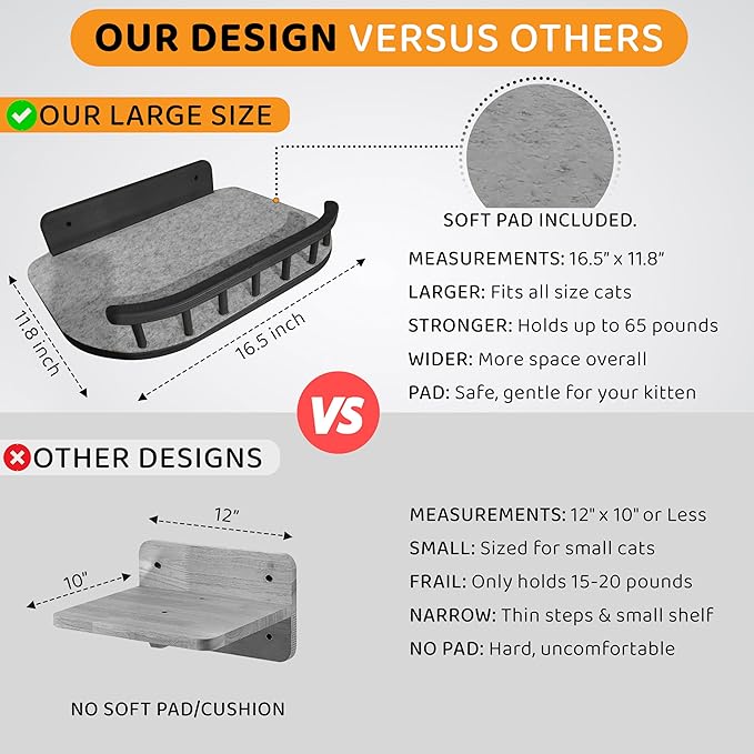 Cat Wall Shelves with 3 Steps – Modern Mounted Cat Wall Furniture & Shelf, Premium Hardwood Bed for Climbing, Sleeping & Lounging, Indoor Hammock for Large Cats - Black