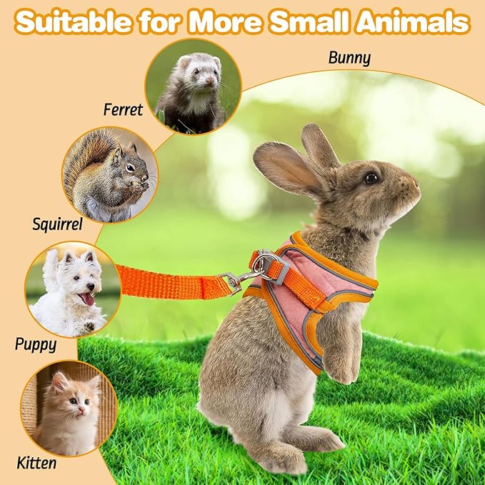 PINVNBY 2 Pack Bunny Hsrness and Leash Set Adjustable Rabbit Harness with Reflective Strips Double Buckle Pet Vest Eescape Proof for Small Rabbit Kitten Puppy Walks Accessories (Orange Pink, S)