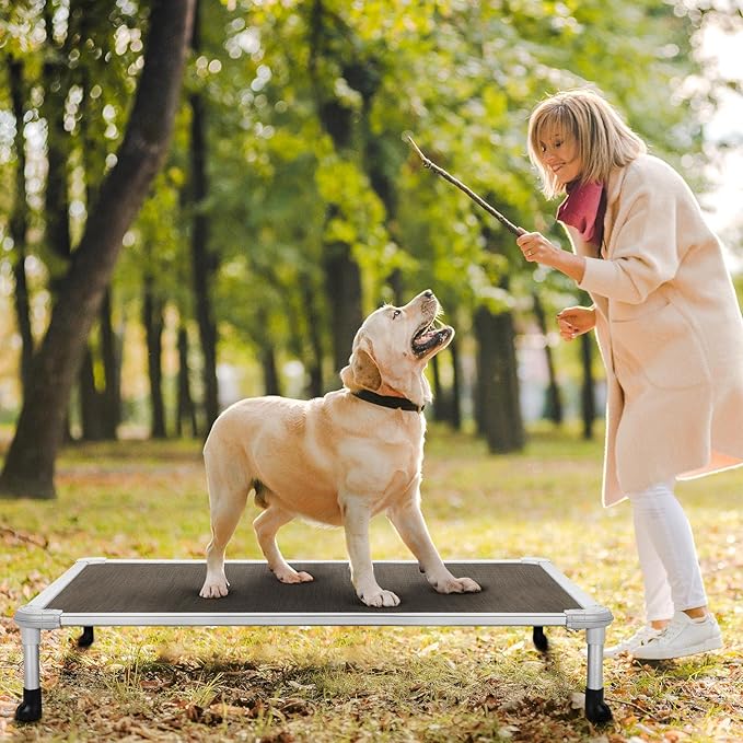 Veehoo Chew Proof Elevated Dog Bed - Cooling Raised Pet Cot - Silver Aluminum Frame and Durable Textilene Mesh Fabric, Unique Designed No-Slip Feet for Indoor or Outdoor Use, Brown, Large, CWC2003