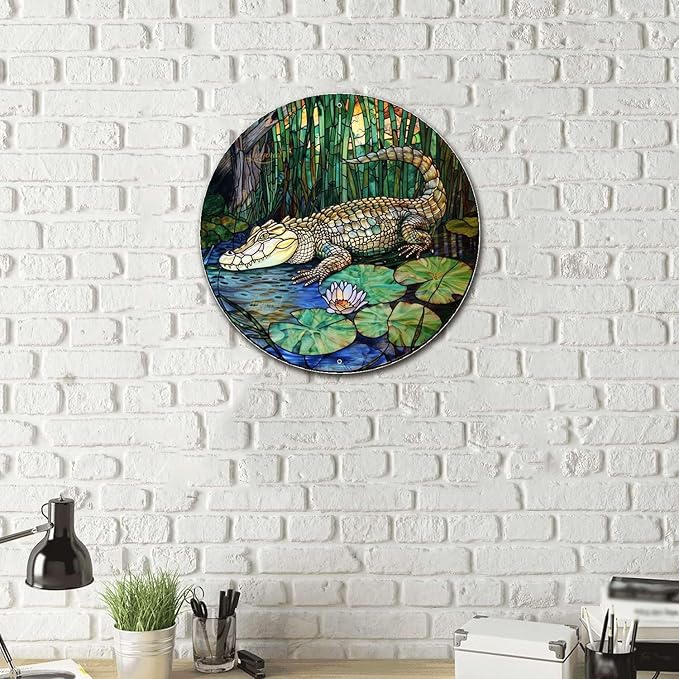 Lygond Metal Sign Tin Sign Circular Stained Glass Crocodile Restroom Tin Sign for Yard 12×12 Inches