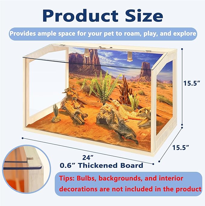 PROLEE Bearded Dragon Tank,Lizard Tank with Clear Acrylic Roof,Anti-Scratch Reptile Enclosure, Snake Tank and Reptile Tank,Built-in Light Fixtures with Switc (25 Gallon, 24" Long, Clear Acrylic Roof)