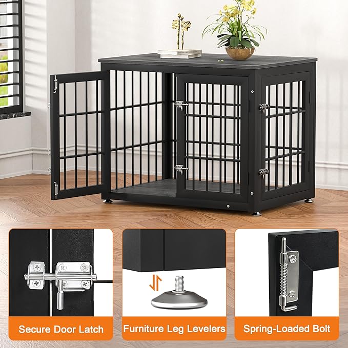32 Inch Heavy Duty Dog Crate Furniture for Medium and Small Dogs, Decorative Pet House End Table, Wooden Cage Kennel Furniture Indoor, Gray