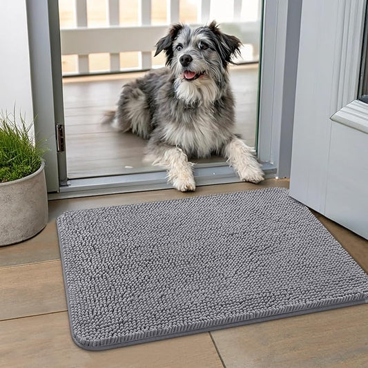 Smiry Dog Door Mat for Muddy Paws 24x16, Absorbs Moisture and Dirt Doormat, Non-Slip Washable Quick Dry Chenille Front Door Mat Indoor Entrance, Entryway Carpet for Inside Floor, Grey