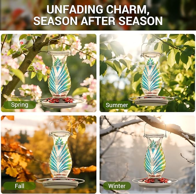 Hummingbird Feeder for Outdoors, 24oz Glass Nectar Feeder with Perch & 5 Flower Feeding Ports, Leakproof Hanging Bird Feeder for Garden Yard Decor, Outside Gifts for Women & Mom, Sky Blue