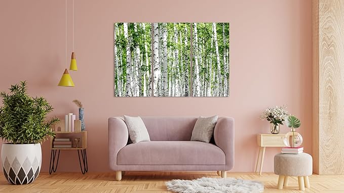 Nature Wall Art Prints - Ocean Forest Mountain Lake Canvas Landscapes - Small to Extra Large Living Room Bedroom Kitchen Bathroom Décor (Green Brich Trees, 31L" x 47W" - 3 Panels)