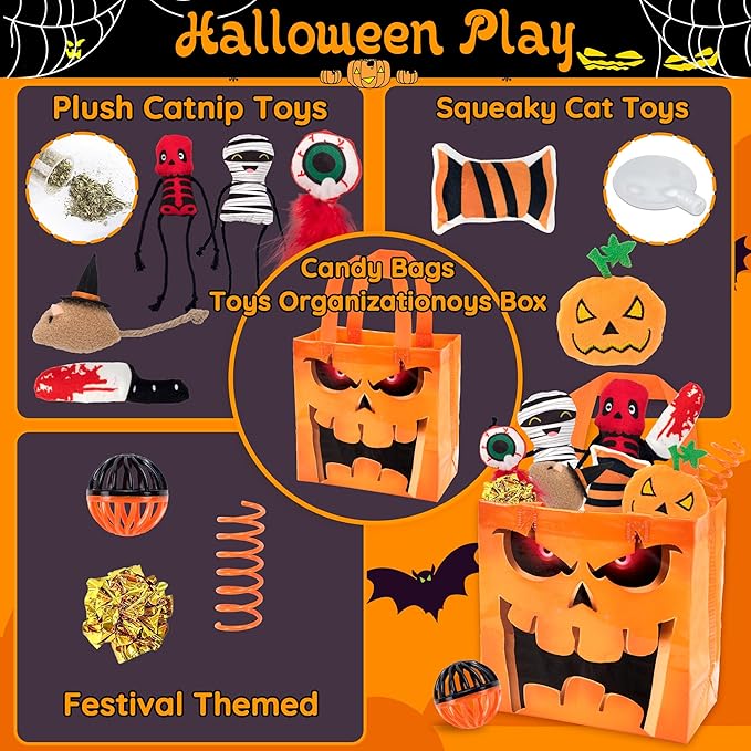 12pcs Halloween Cat Toys w/Bat Wings Costume & Organized Bag Set, Various Plush Cat Catnip Toys for Indoor Cats Kitten Teething Chewing Halloween Play