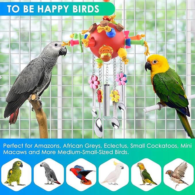KATUMO Parrot Toys - Colored Chew Toys & Bird Spoons for Amazon Parrot, African Grey, Conure, Caique, Quaker, Small Cockatoo, Mini Macaw, Eclectus & Similar Small Medium Birds
