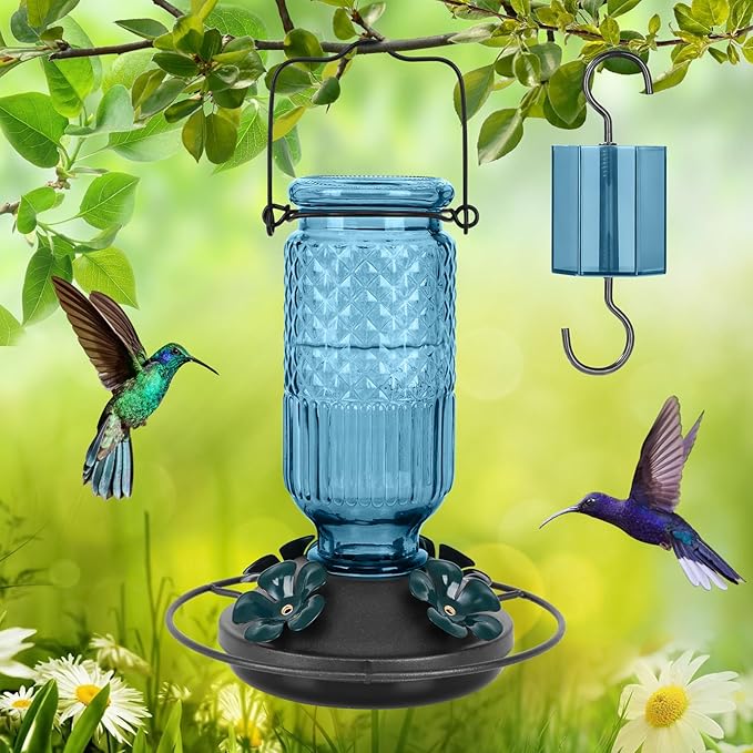 FEED GARDEN Glass Hummingbird Feeder for Outdoors Hanging, 16 OZ Humming Birds Feeders with 4 Bee Guard Feeding Ports & Built-in Ant Moat, Hummingbird Gifts for Mom, Bird Feeder for Outside, Blue