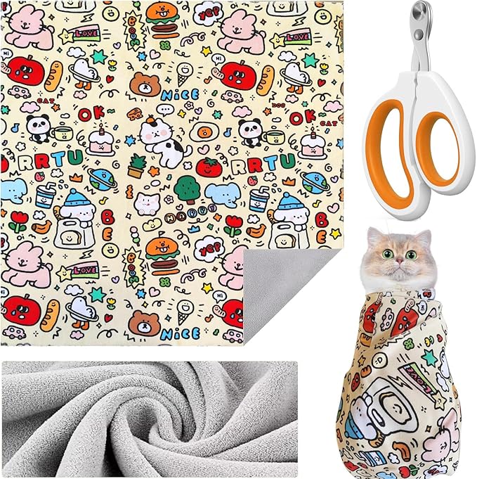 27.6'' Cat Grooming Wrap Cat Wrap for Cutting Nails, Anti-Escape Cat Restraint Wraps for Medicine Nail Clipping Ear Cleaning, Self-Adherent Cat Swaddle Wrap with Nail Clipper - Within 15lbs