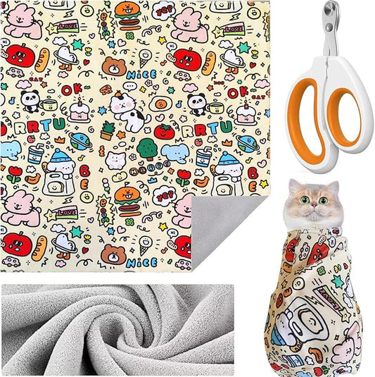 27.6'' Cat Grooming Wrap Cat Wrap for Cutting Nails, Anti-Escape Cat Restraint Wraps for Medicine Nail Clipping Ear Cleaning, Self-Adherent Cat Swaddle Wrap with Nail Clipper - Within 15lbs