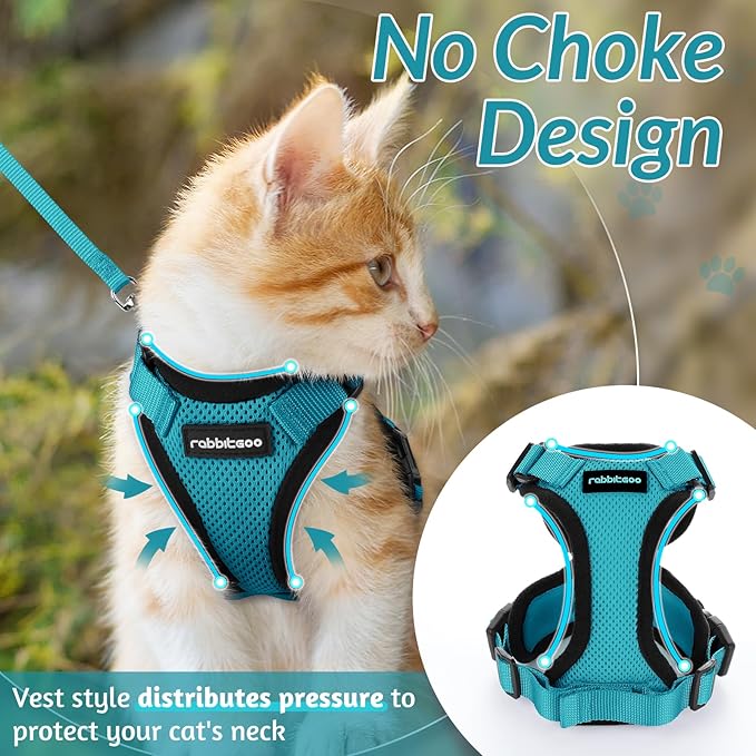 rabbitgoo Cat Harness and Leash for Walking, Escape Proof Soft Adjustable Vest Harnesses for Cats, Easy Control Breathable Reflective Strips Jacket, Teal, M