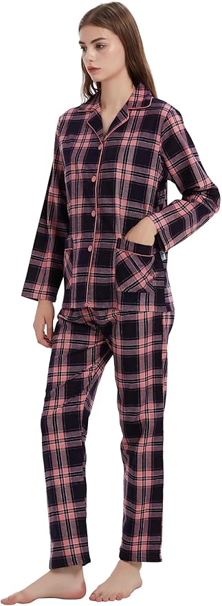 GLOBAL Flannel Pajamas for Women 2-Piece Comfy and Cozy Flannel Pj Set Cotton Loungwear