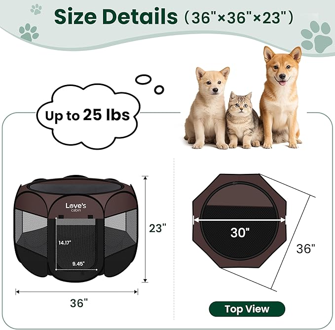 Love's cabin Pet Puppy Dog Playpen, Medium Dog Tent Crates Cage Indoor/Outdoor, Portable Playpen for Cat, Foldable Pop Up Dog Kennel Playpen with Carring Case, Removable Zipper Top, Brown