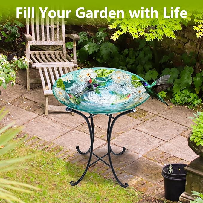 MUMTOP Bird Baths for Outdoors, Hummingbird Glass Large Bird Bath Bowl with Metal Stand, 18 Inch Bird Feeders for Outside and Garden, Patio,Lawn Decor (Hydrangea)