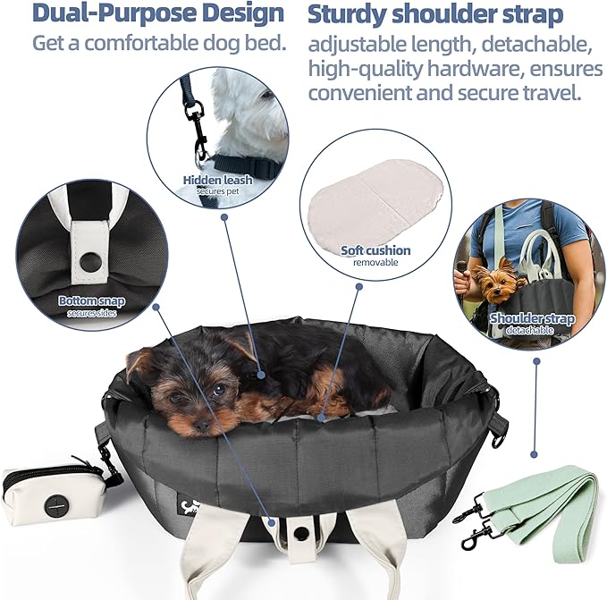 Sytopia Small Dog Carrier Purse, Portable Pet Carrier Tote Carrier with Pockets, Adjustable Safety Leash, Waterproof Dog Travel Bag, Travel Pets Purse up to 4 Lbs, Dark Grey