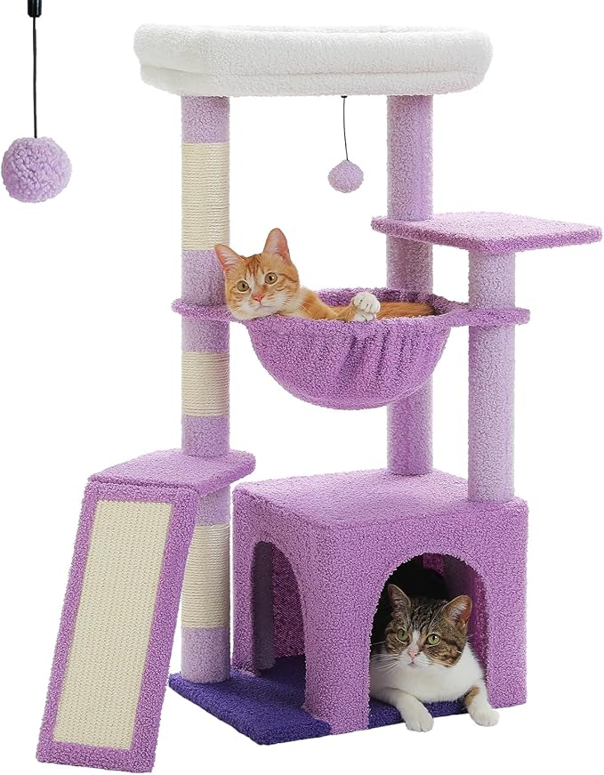 PEQULTI 36.5'' Cat Tree for Indoor Cats, Small Cat Tower with Large Cat Condo, Scratching Posts, Cozy Hammock and Scratching Ladder for Kittens, Purple