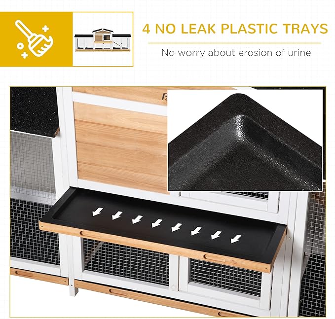 PawHut 90.5" Wooden Rabbit Hutch Bunny Cage Pet Playpen House Enclosure with Double Side Run Boxes, No Leak Tray, Ramp, for Rabbits, Chickens, Ducks, Guinea Pig and Small Animals, White