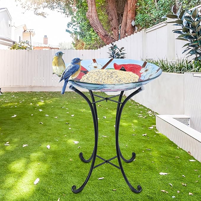 MUMTOP Outdoor Glass Birdbath with Metal Stand for Outside Yard Garden Decor, 18 inch Diameter Red Caridnals Bird Baths Bowl for Outdoors, 21.65 inch Height