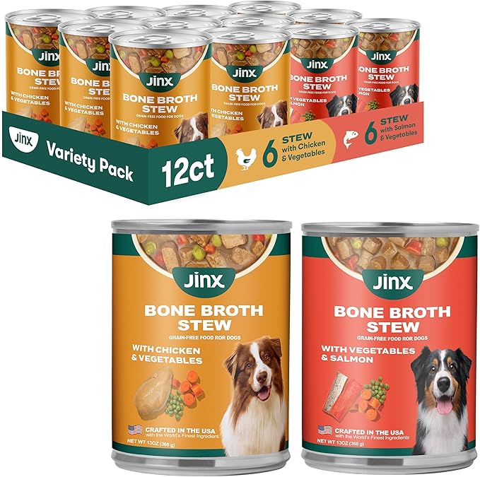 Jinx Bone Broth Stew for Dogs, Variety Pack - Chicken & Salmon Recipes - Grain-Free Wet Dog Food & Topper for Picky Eaters - Promotes Lean Muscle Growth, Healthy Coat & Digestion - 13 Oz, 12 Pack