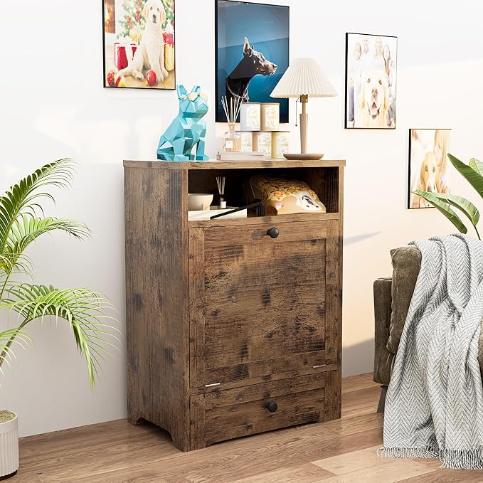 Dog Feeding Station,Dog Food Storage Cabinet, Large Pet Food Organizer Furniture,Dog Food Storage And Feeding Station With Pull-Out Elevated 2 Sus304 Dog Bowl For Feeding & Watering Supplies, Brown