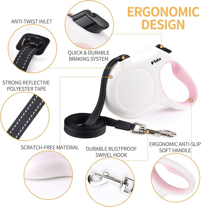 Fida Retractable Dog Leash with Dispenser and Poop Bags, 16 ft Pet Walking Leash for Medium Dog or Cat up to 44 lbs, Anti-Slip Handle, Tangle Free, Reflective Nylon Tape (M, White)