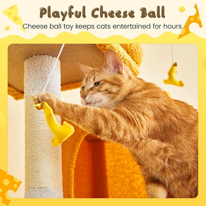 MWPO Cat Tree, 70.1-Inch Tall Cat Tower for Indoor Cats Large Adult, Multi-Level Cat Condo with 5 Scratching Posts, 2 Padded Perches, Hammock, Dangling Toys, Yellow