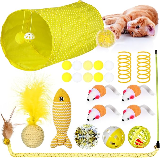 24 Pcs Cat Toys Set Interactive Kitten Toys Pack Including Collapsible Play Tunnel Feather Teaser Wand Fuzzy Ball Springs Pillow Mouse Bells for Indoor Cats Puppy (Yellow,Cute)