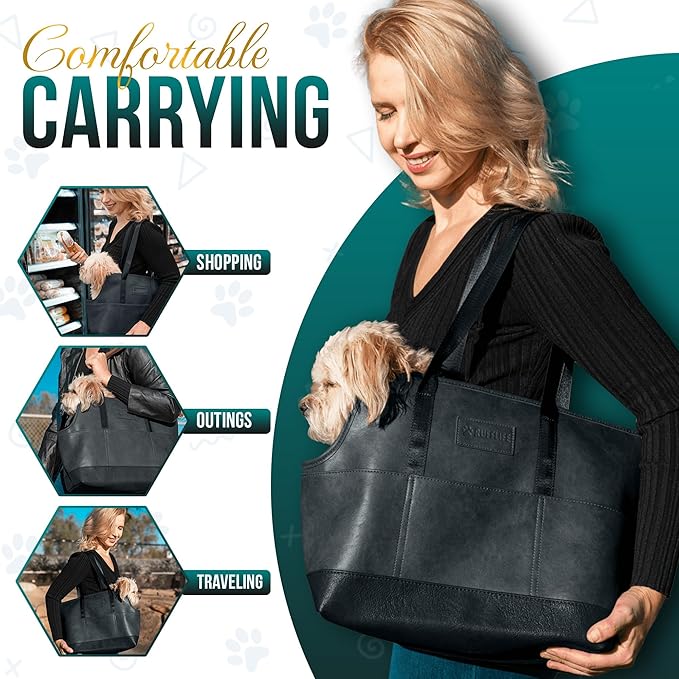 Luxury Dog Purse Carrier - Black Faux Leather Pet Carrier, Secure Harness Clip, Tote Bag for Small Dogs and Puppies