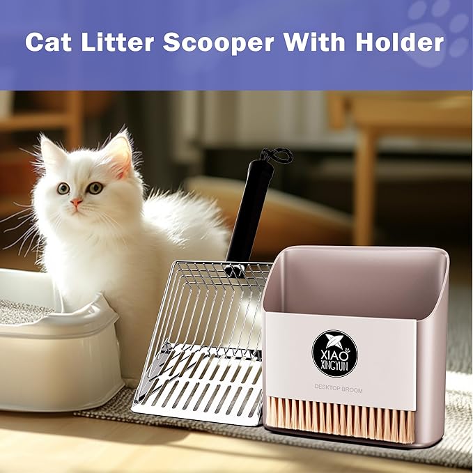 Cat Litter Scooper with Holder, Metal Litter Scoop Includes Portable Small Broom and Dustpan Set, Heavy Duty Stainless Steel Litter Scoop with Coarse and Fine Grid, Quick Sift and Easy Clean
