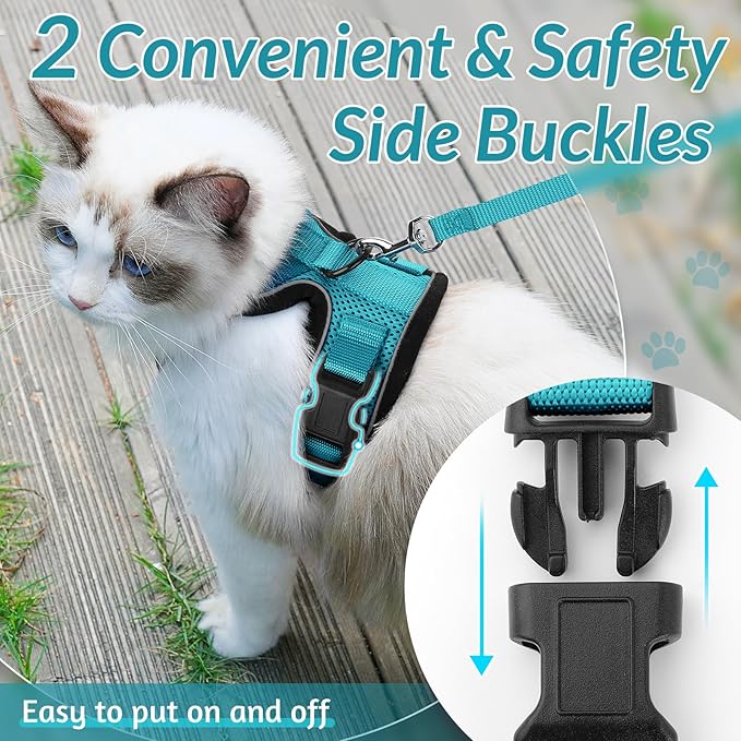 rabbitgoo Cat Harness and Leash for Walking, Escape Proof Soft Adjustable Vest Harnesses for Cats, Easy Control Breathable Reflective Strips Jacket, Teal, M