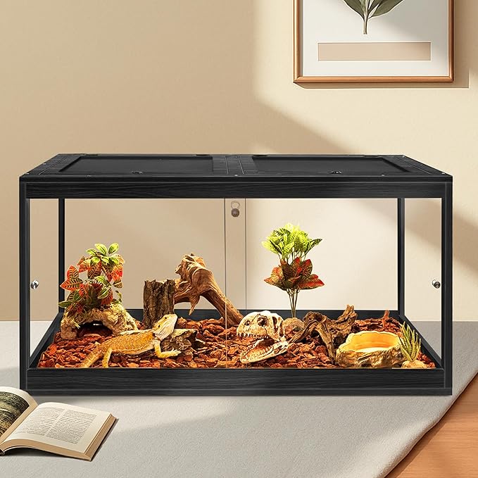 PROLEE Bearded Dragon Tank,34 Gallon Reptile Tank with Meatl Mesh Roof and Front Sliding Door, Anti-Scratch Lizard Tank,Spacious Reptile Enclosure for Snakes,Lguanas, Chameleons (Black)