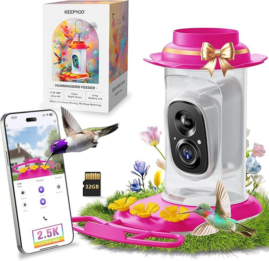 2.5K Hummingbird Feeder with Camera, Wireless Smart Bird Feeders for Outdoors, AI Bird Identify, Instant Notification, Include 32GB SD Card, Ant Moat & Bee-Proof, Gift for Birds Lovers (Pink)
