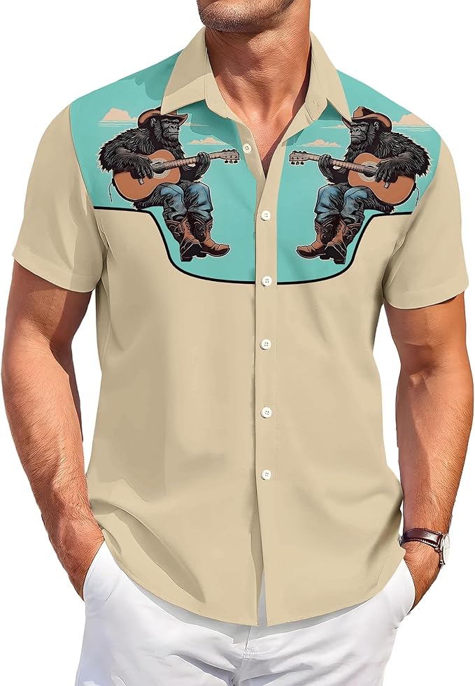 Men’s Hawaiian Shirt Western Cowboy Symmetrical Print Short Sleeve Button Down Casual Beach Holiday Summer Shirt