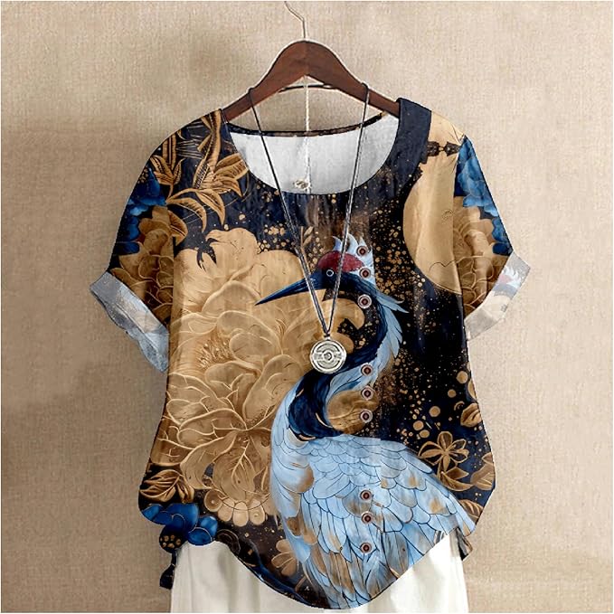 Japanese Print Women Summer Shirts Flower Bird Graphic Plus Size Tunic Tops Crewneck Short Sleeve Blouses