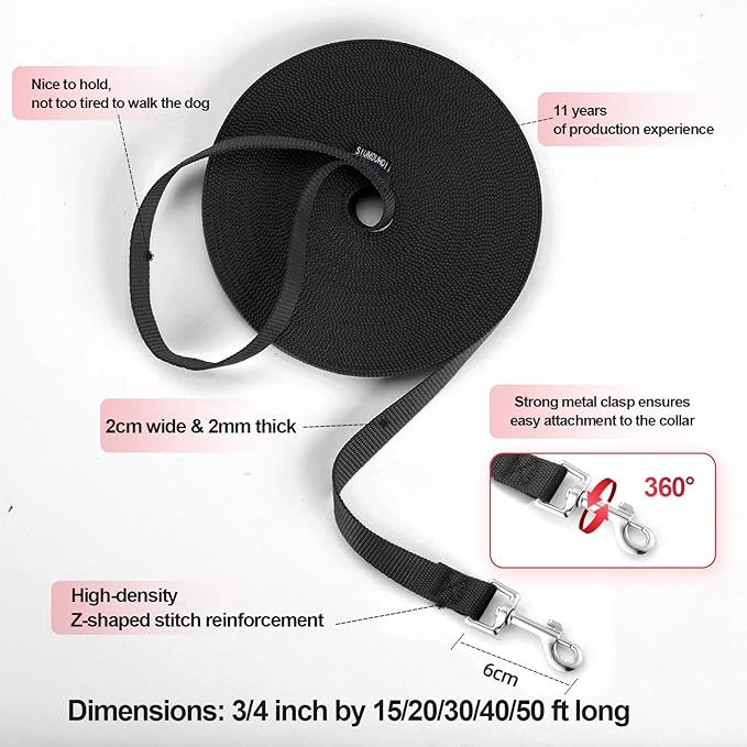 Dog/Puppy Obedience Recall Training Agility Lead - 15ft 20ft 30ft 40ft 50ft Training Leash - Great for Play, Camping, or Backyard - Black 30ft (30Feet, Black)