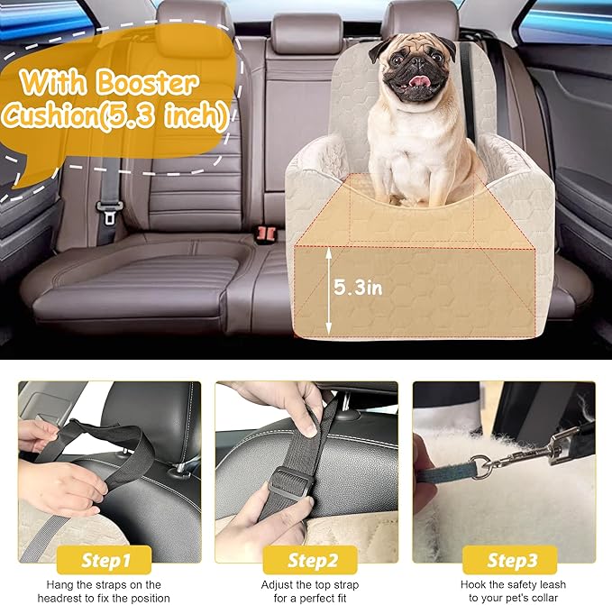 Dog Car Seat for Small/Medium Dogs, Memory Foam Dog Booster Seat, Travel Safety Per Car Seat with Washable Removable Cover, Storage Pockets for Dogs up to 35 lbs (White, Small)