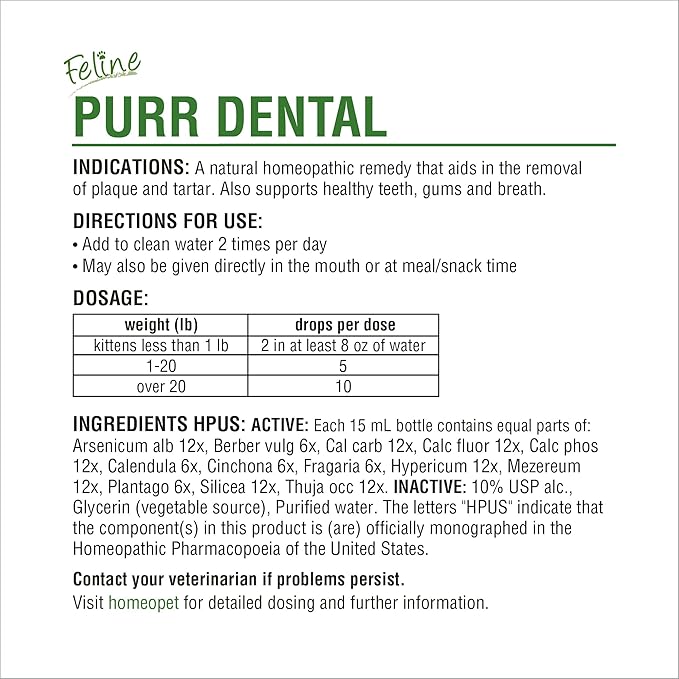 HomeoPet Feline Purr Dental, Safe and Natural Tooth and Dental Care for Cats, Cat Dental Care, 15 Milliliters