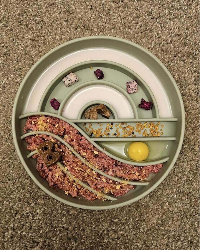 OHMO Slow Feeder Dog Bowls (Sunrise, Sage Green) Enrichment Toy Soft Silicone Food Safe Feeding Bowl Non Slip Suction Cup for All Breed Pet, Cat Slow Down Eating Dishes, Boredom and Anxiety Reducer