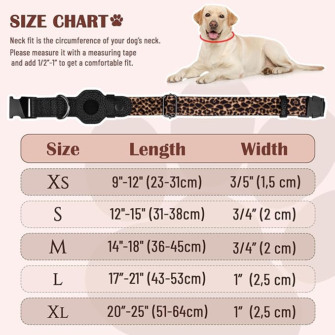 AirTag Dog Collar for Small Medium Large Breed - Adjustable Cute Pattern Dog Collar with Airtag Holder - Soft Leather Tracker GPS Apple Air Tag Pet Collars (Large, 17"-21" Neck Fit, Leopard)