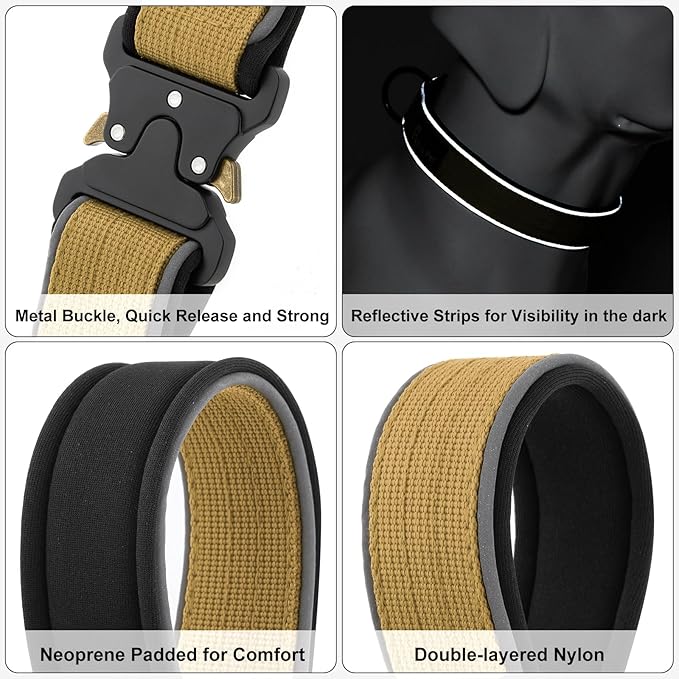 Plutus Pet Tactical Dog Collar, Reflective, Adjustable Heavy Duty Dog Collar, Soft Padded and Comfortable, for Small Medium and Large Dogs (Brown, M)