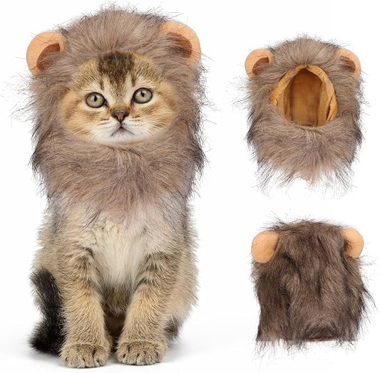 Cat Halloween Costumes - Lion Mane Wig for Cats & Puppies, Adjustable Pet Cosplay Apparel Kitten Outfits for Halloween Christmas Cat Birthday Party (Grey)