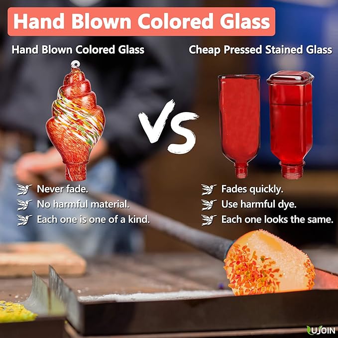 Spiral Shaped Hummingbird Feeder for Outdoors Hanging, Hand Blown Glass, 25 fl.oz, Leak Proof & Rustproof, Includes an Ant Moat, Metal Cover with 5 Feeding Ports, Red