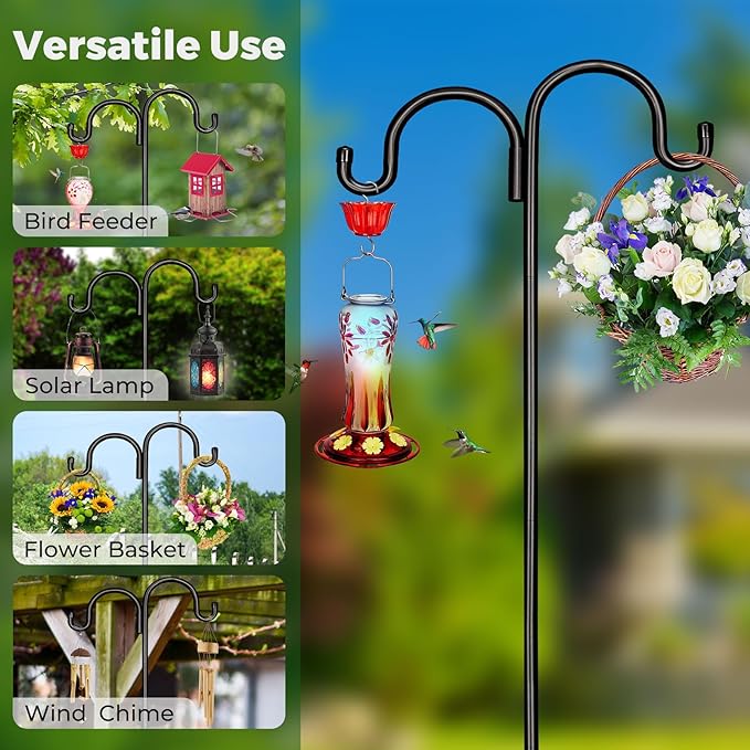 Kingsyard 2 Pack Adjustable Double Shepherds Hook for Outdoor - 108" Heavy Duty Bird Feeder Pole w/ 5-Prong Base, Hummingbird Feeder Stand for Garden, Plant Baskets, Halloween Solar Light Lantern
